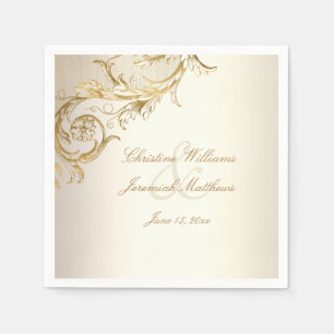 Serviette En Papier Vintage or Floral Damask Elegant Script Mariage