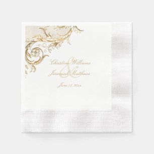Serviette En Papier Vintage or Floral Damask Script Mariage blanc