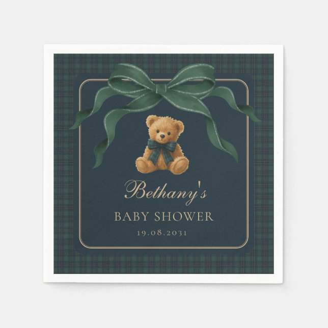 Serviette En Papier Vintage Plaid Tartan Teddy Bear Green Bow (Devant)