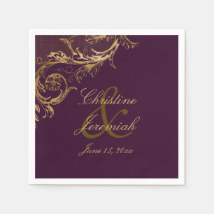 Serviette En Papier Vintage Purple Gold Floral Damask Script Mariage
