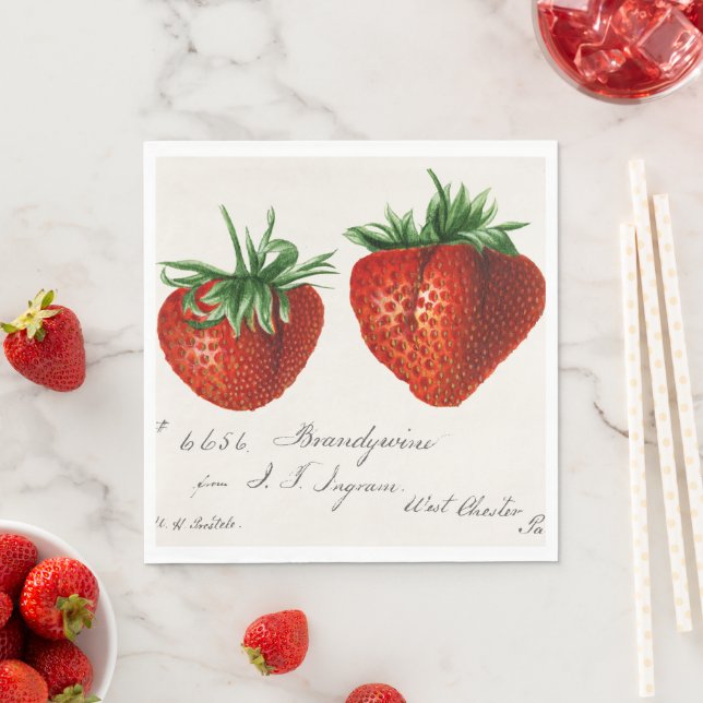 Serviette En Papier Vintage Red Green White Strawberry Art (En situation)