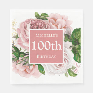 Serviette En Papier Vintage rose pâle verdure fleurie 100e anniversair