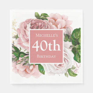Serviette En Papier Vintage rose vif vert floral 40e anniversaire
