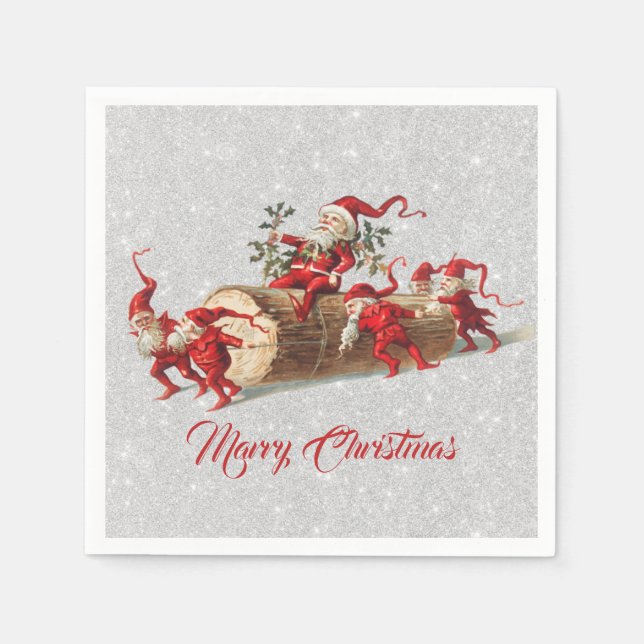 Serviette En Papier Vintage Rouge Elfes Noël Parties scintillant (Devant)
