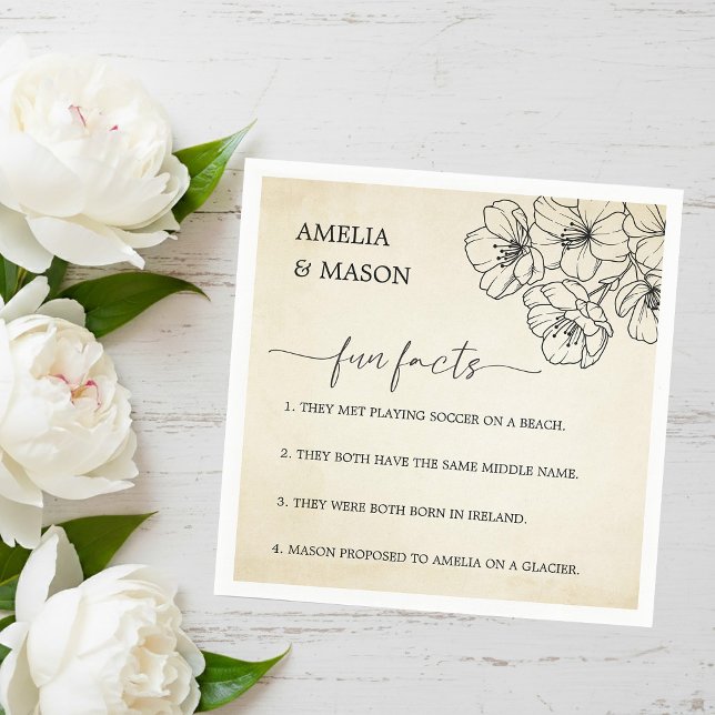 Serviette En Papier Vintage Script Floral Fun Facts Wedding  (Vintage Script Floral Fun Facts Wedding Napkins)
