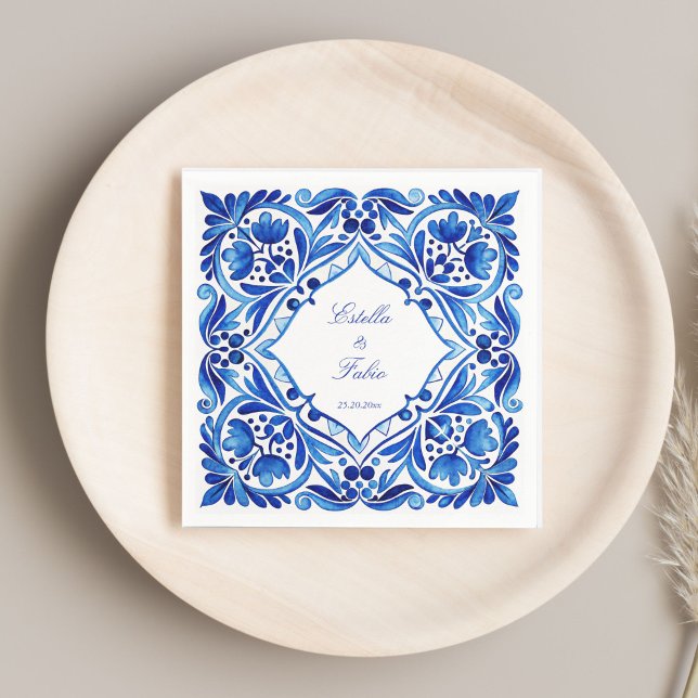 Serviette En Papier Vintage Talavera Azulejo mariage en carreaux bleus (Vintage Talavera Azulejo blue tile wedding monogram printed Napkins template personalized table deco)