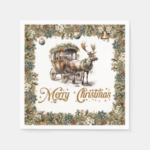 Serviette En Papier Vintage traîneau de rennes de Noël vert et or