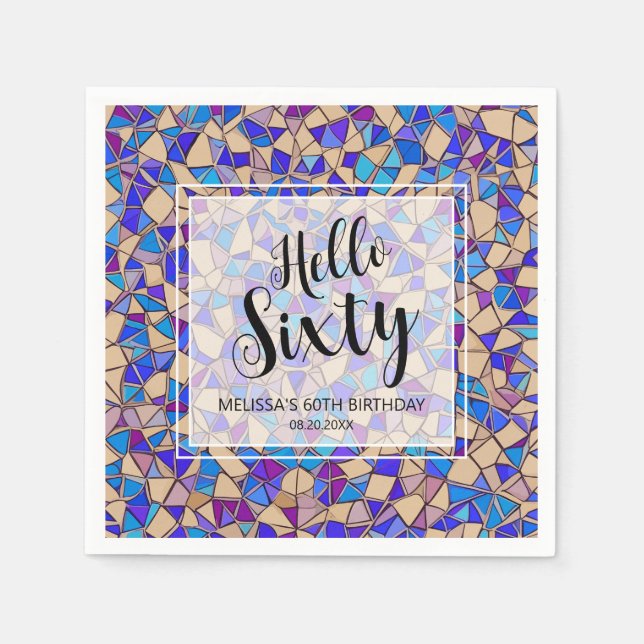 Serviette En Papier Violet Mosaïque Bleue Bonjour Soixante 60e anniver (Devant)
