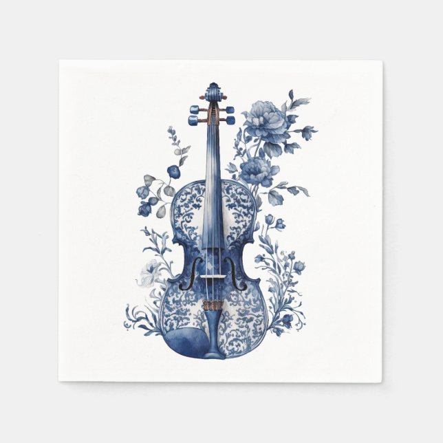 Serviette En Papier Violon de style Delft bleu et blanc avec fleurs (Devant)