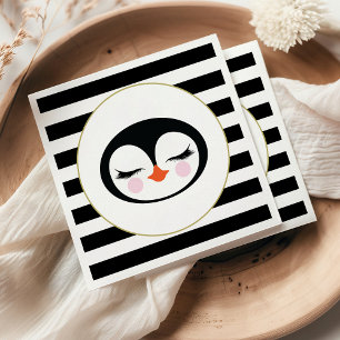 Serviette En Papier Visage de manchot mignon Fête rayée noir et blanc