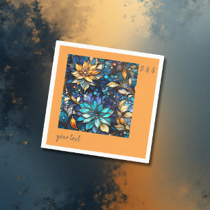 Serviette En Papier Vitraux floraux bleu et or Mariage élégant