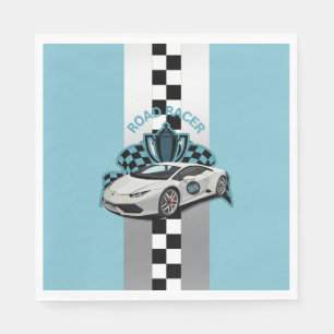 Serviette En Papier Voiture de course, noir & blanc à damiers bleu