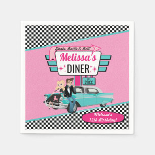 Serviette En Papier Voiture Retro Diner 1950 Turquoise, Anniversaire r