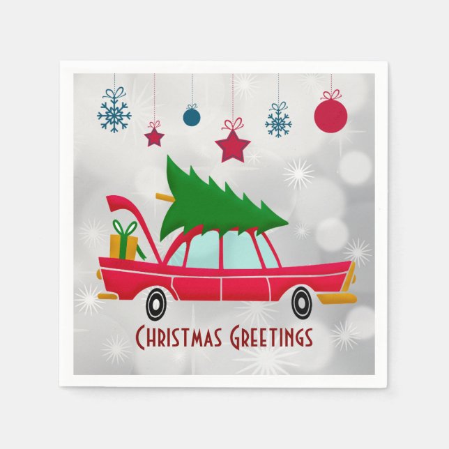 Serviette En Papier Voiture rouge rétro portant un arbre de Noël (Devant)