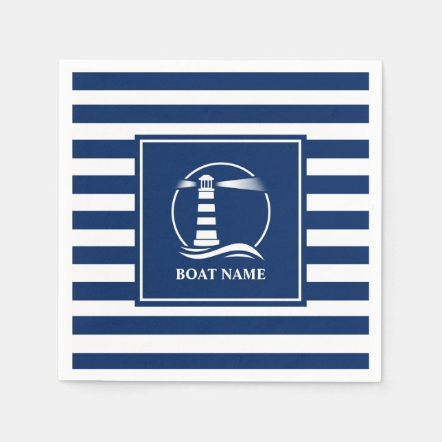 Serviette En Papier Votre nom de bateau Phare classique nautique rayé (Devant)
