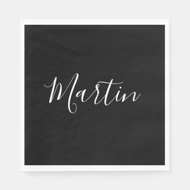 Serviette En Papier Votre nom | Élégant script blanc sur noir (Devant)