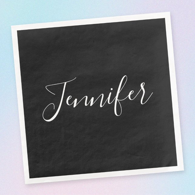 Serviette En Papier Votre nom | Élégant script blanc sur noir (Créateur téléchargé)