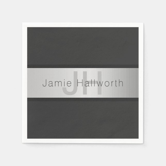 Serviette En Papier Votre nom et votre monogramme | Gris & Faux Silver (Devant)