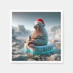 Serviette En Papier Walrus porte un chapeau de Père Noël