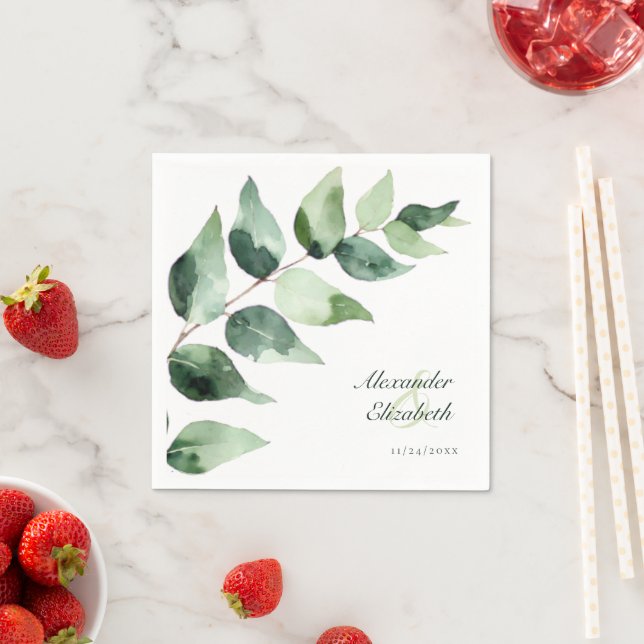 Serviette En Papier Watercolor Eucalyptus Wedding | White Paper (En situation)