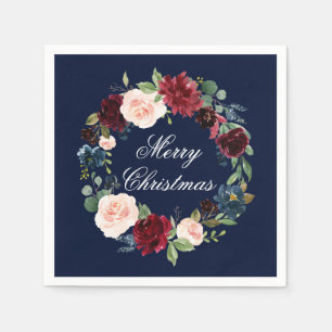 Serviette En Papier Watercolor Floral Wreath Joyeux Noël bleu