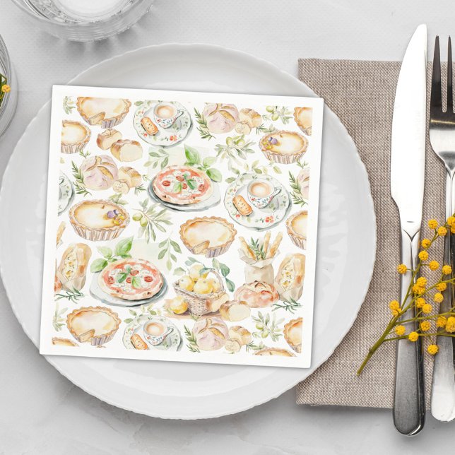 Serviette En Papier Watercolor Mediterranean Food Pattern (In situ)