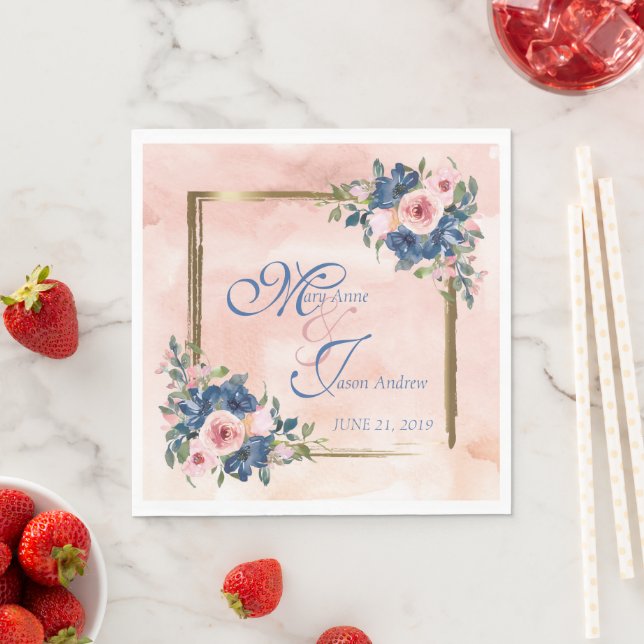 Serviette En Papier Watercolor Navy & Blush Mariage (En situation)