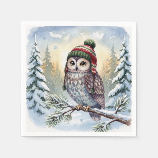 Serviette En Papier Watercolor Owl In Winter Hat (Devant)