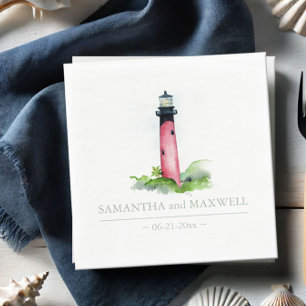 Serviette En Papier Watercolor Red Lighthouse Beach Wedding