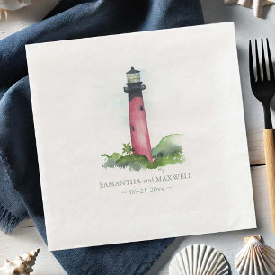 Serviette En Papier Watercolor Red Lighthouse Beach Wedding