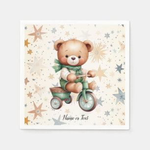 Serviette En Papier Watercolor Teddy Bear Stars Green Bike Party