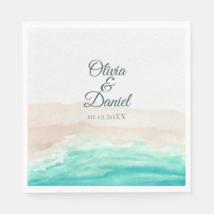 Serviette En Papier Watercolor Turquoise Sandy Beach Wedding