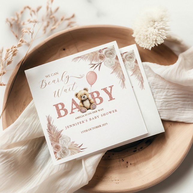 Serviette En Papier We Can Bearly Wait Girl Teddy Bear Pink Boho (Créateur téléchargé)