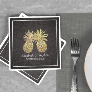 Serviette En Papier Wedding shower moderne Black Gold Ananas Couple