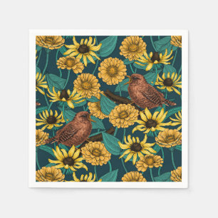 Serviette En Papier Wens et fleurs sur bleu foncé