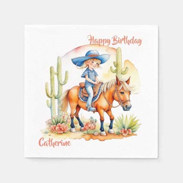 Serviette En Papier Western Cowgirl on Horse Anniversaire personnalisé (Devant)