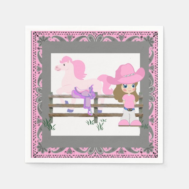 Serviette En Papier Western Party Little Cowgirl Horse Selle rose (Devant)