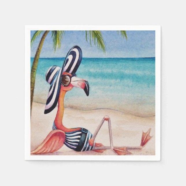 Serviette En Papier Whimsical Beach Babe Flamant rose No 1 Aquarelle A (Devant)
