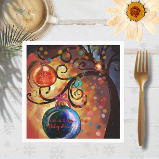 Serviette En Papier Whimsical Blue Orange Christmas Tree Paper Napkin