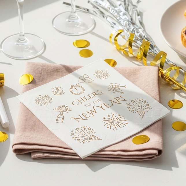 Serviette En Papier Whimsical Doodles Gold Cheers to New Year Party (Créateur téléchargé)
