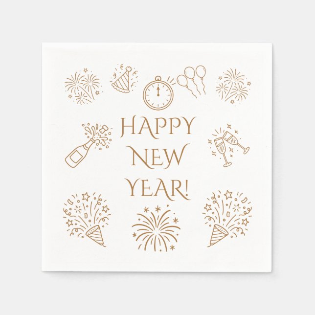 Serviette En Papier Whimsical Doodles Gold Happy New Year (Devant)