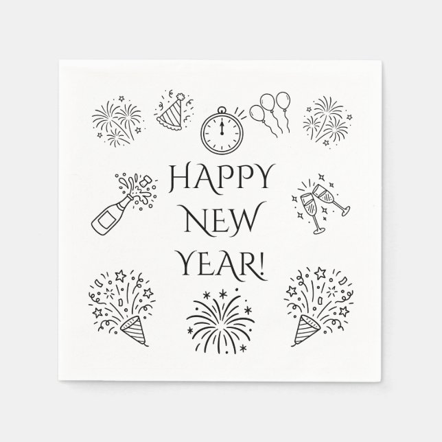 Serviette En Papier Whimsical Doodles Happy New Year (Devant)