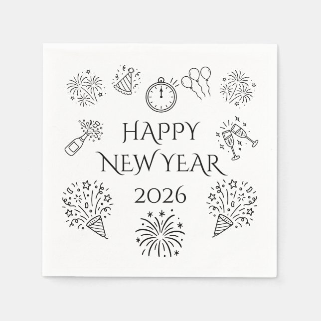 Serviette En Papier Whimsical Doodles Happy New Year 2026 (Devant)
