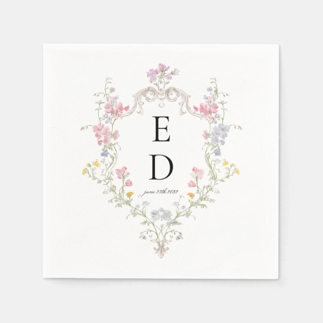 Serviette En Papier Whimsical Elegant Rococo Floral Crest Monogram (Devant)