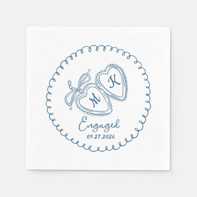 Serviette En Papier Whimsical Engaged Couple Blue Hearts Trendy Doodle (Devant)