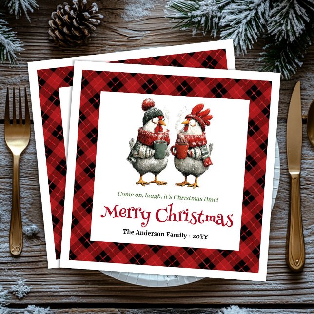 Serviette En Papier Whimsical festive chickens napkin with custom name (Modern Quirky Chickens Editable Cartoon Red Green Christmas Napkins

)