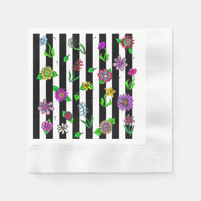 Serviette En Papier Whimsical floral rayé noir et blanc (Devant)