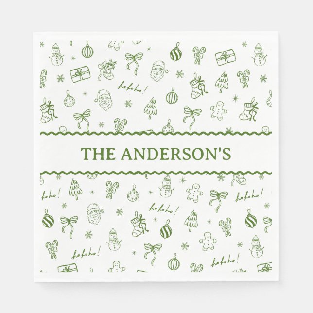 Serviette En Papier Whimsical Hand Drawn Doodle Green (Devant)