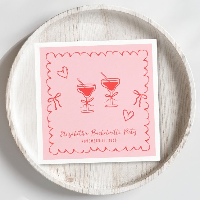 Serviette En Papier Whimsical Rose Red Wavy Frame Bachelorette Party (Créateur téléchargé)