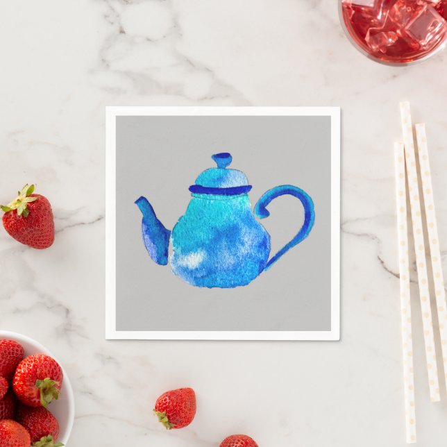 Serviette En Papier Whimsical watercolor blue teapot (En situation)